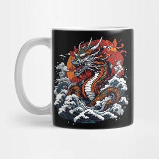 Dragon against the backdrop of a setting sun bathed in ocean waves Mug